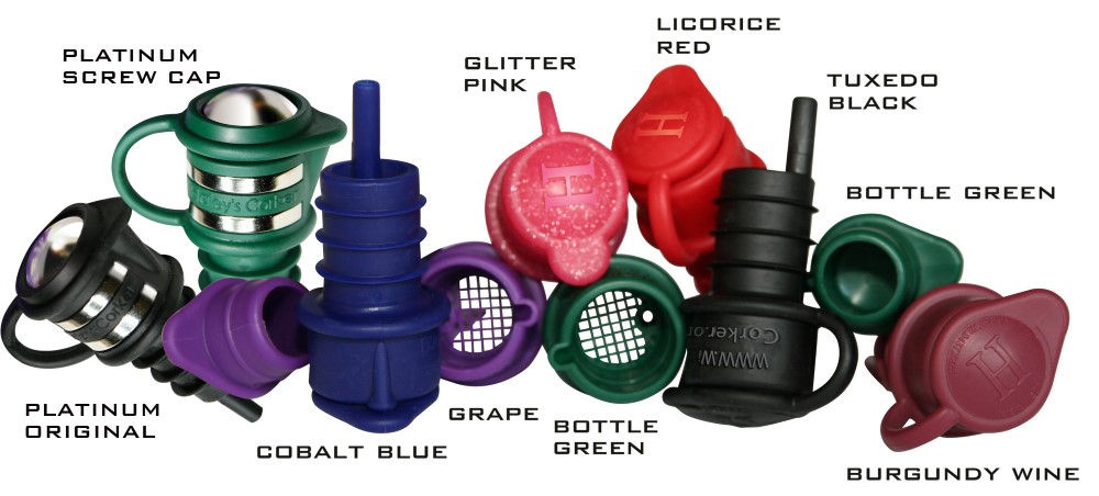 Haley’s Corker Color choices. 7 colors with 2 Platinum options. The World’s Only 5in1™ Wine Accessory. Corker, Stopper, Pourer, Filter and Aerator.